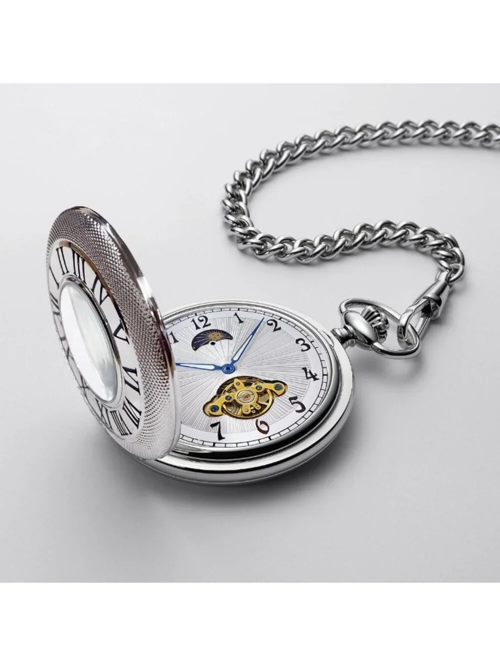 Vintage Mechanical Pocket Watch for Men - Moon Phase, Skeleton Face, Antique